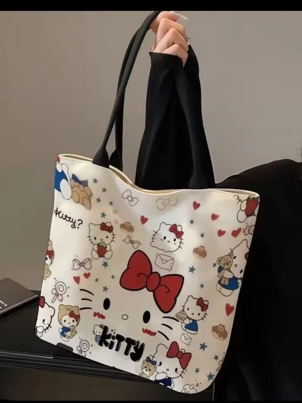 White Hello Kitty Print Tote Bag with Black Handles